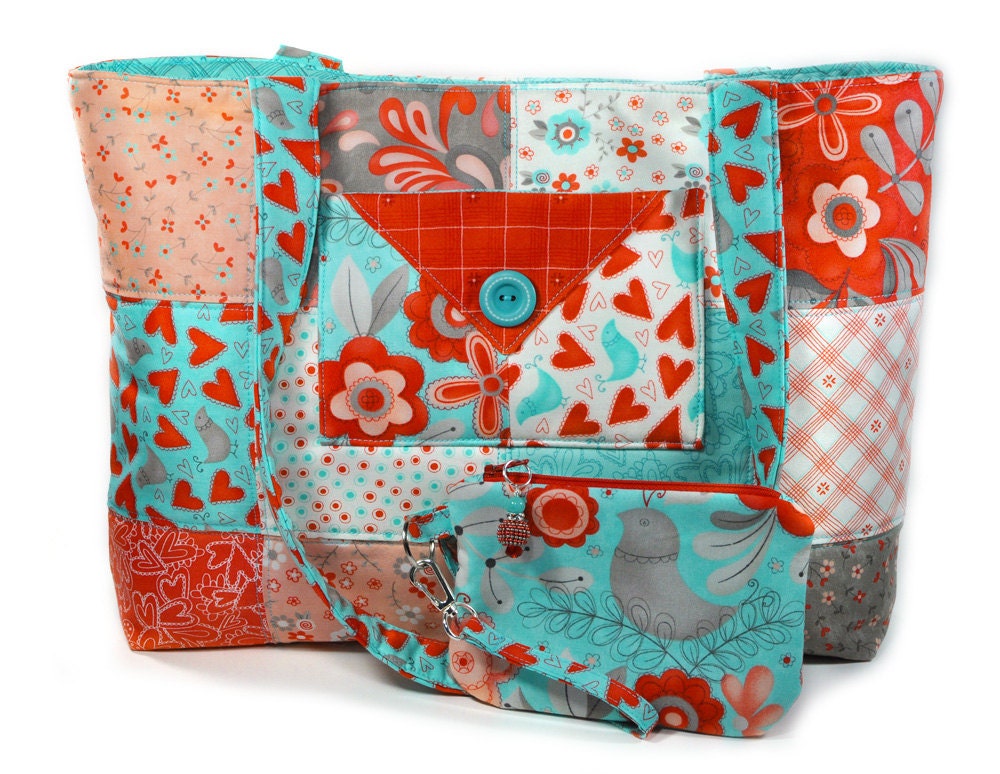 Quilted Tote Bag Patchwork Large Red Turquoise Valentine's Day Hearts Birds Flowers