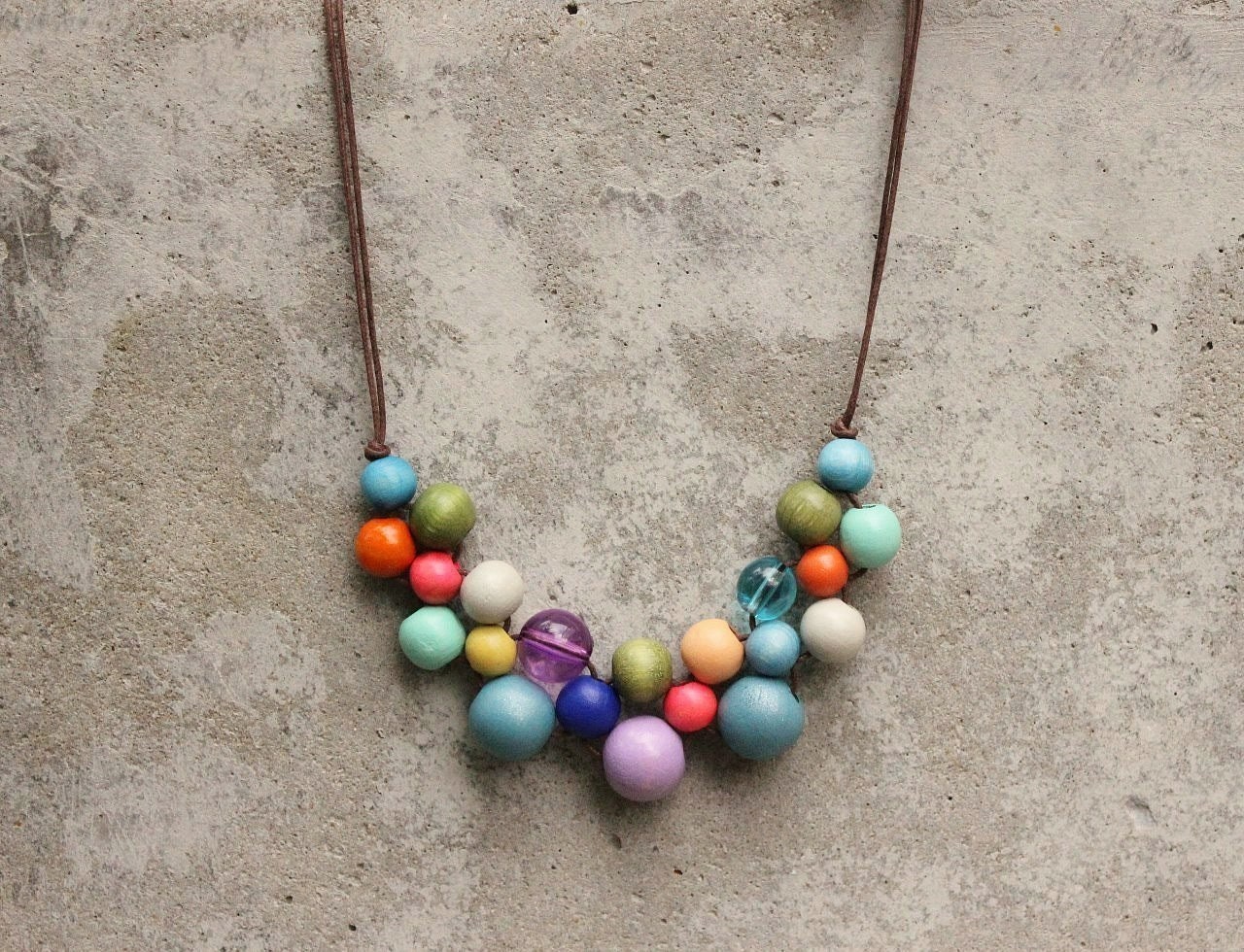 Wooden bead necklace, boho bib necklace, gypsy, lilac, nectarine, blue, peach, bright pastels, vintage colours, fashion colours, woven.