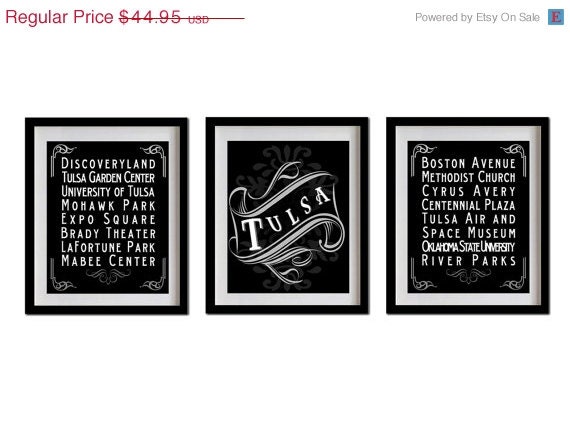 ON SALE Tulsa, Oklahoma, Typography Art Posters - Set of 3 - 8X10 - Chalk Art - Tulsa's Attractions Wall Art Decoration - 034-S3-8X10