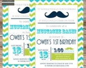 Boys birthday invitation mustache bash, chevron,vintage - printable, digital file