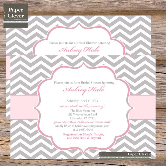 Bridal shower invitations, pretty pink, chevron stripe - digital file, printable #210 Il_570xn