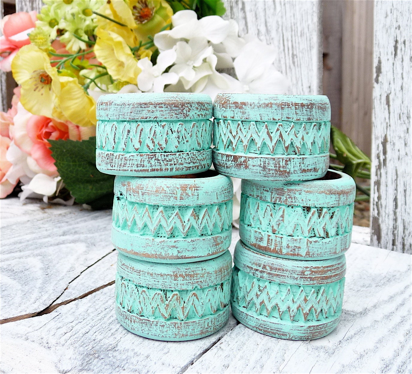 Aqua Napkin Rings, Shabby Chic Distressed Carved Wood Napkin Rings Set of 6
