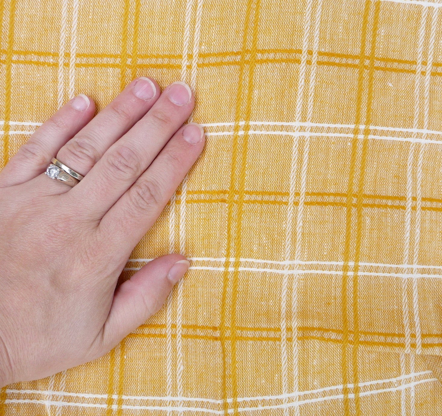 Golden Yellow Fabric - Vintage Yellow with White Striped Plaid Pattern Yardage