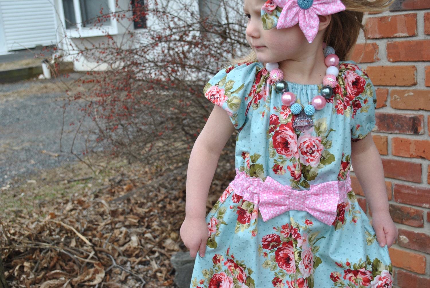 Spring Dress in Turquoise floral and polka dots.  With Ruffle and Bow.  Many sizes available.