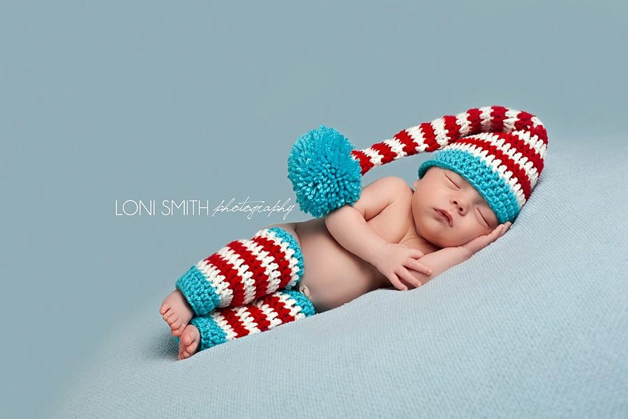 Baby Stocking Elf Long Tail Pompom Hat & Leg Warmers - Crochet Newborn Beanie Boy Girl Costume Christmas Thanksgiving Photo Prop Cap Outfit
