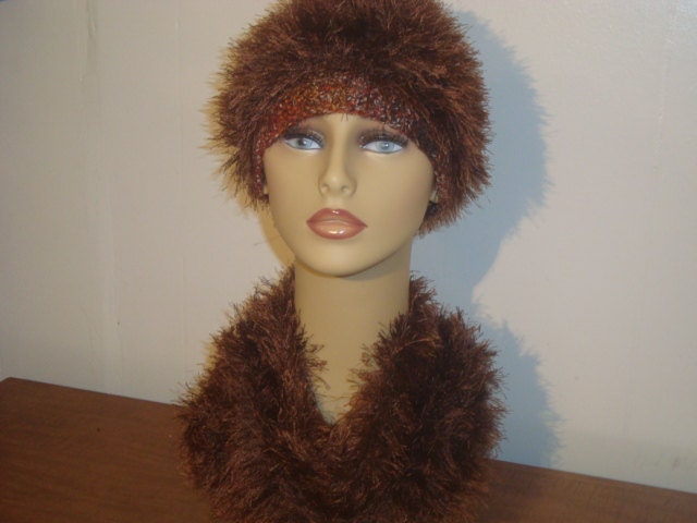Knit  Scarf/ Hat.Brown. Faux Fur.Sale.Ready to  ship.