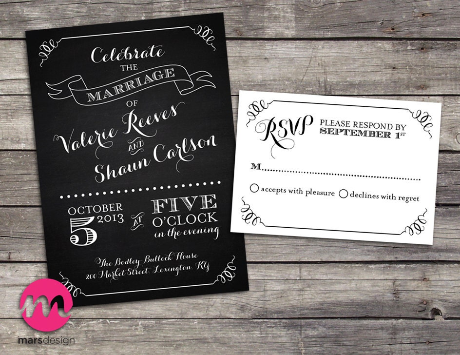 Vintage Chalkboard style wedding invitation and rsvp card set - PRINTABLE - DIY