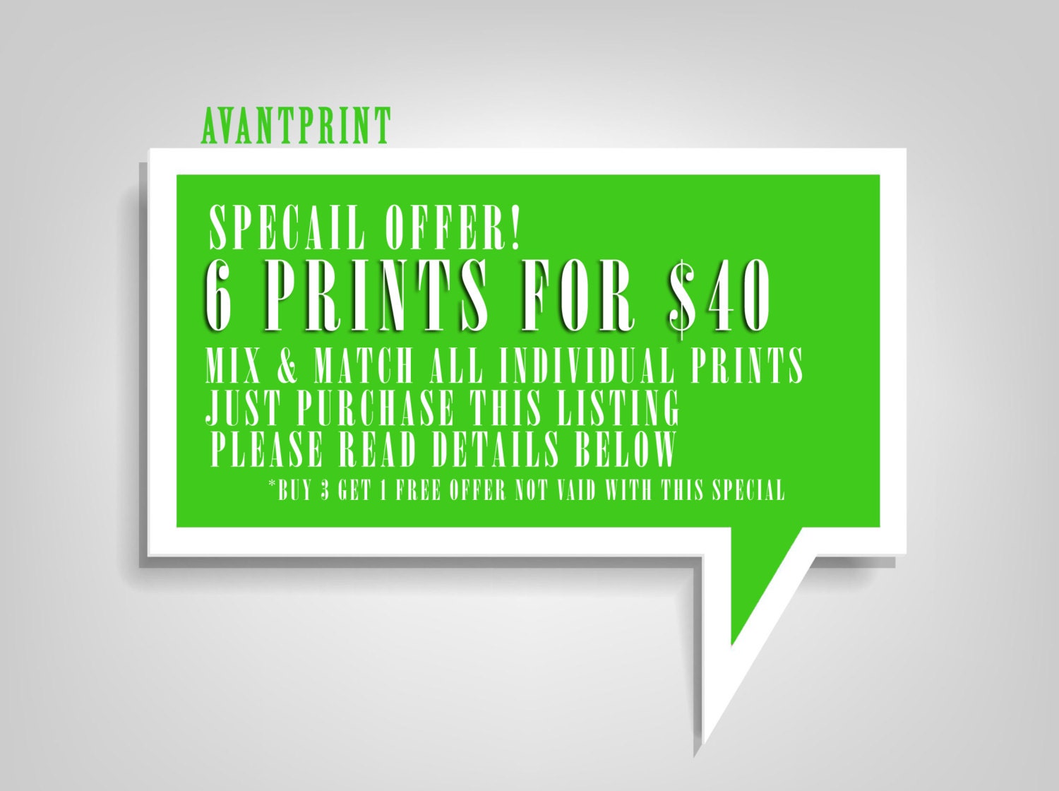 SPECIAL OFFER - 6 Prints for 40.00 USD Mix and Match Any Individual Prints One Low Cost