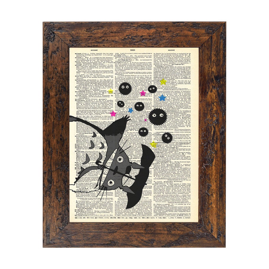 It's Raining Soot Sprites Studio Ghibli Art Print on an Unframed Upcycled Bookpage