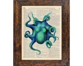 Blue Blending in the with Sea Octopus Original Print on an Unframed Upcycled Bookpage