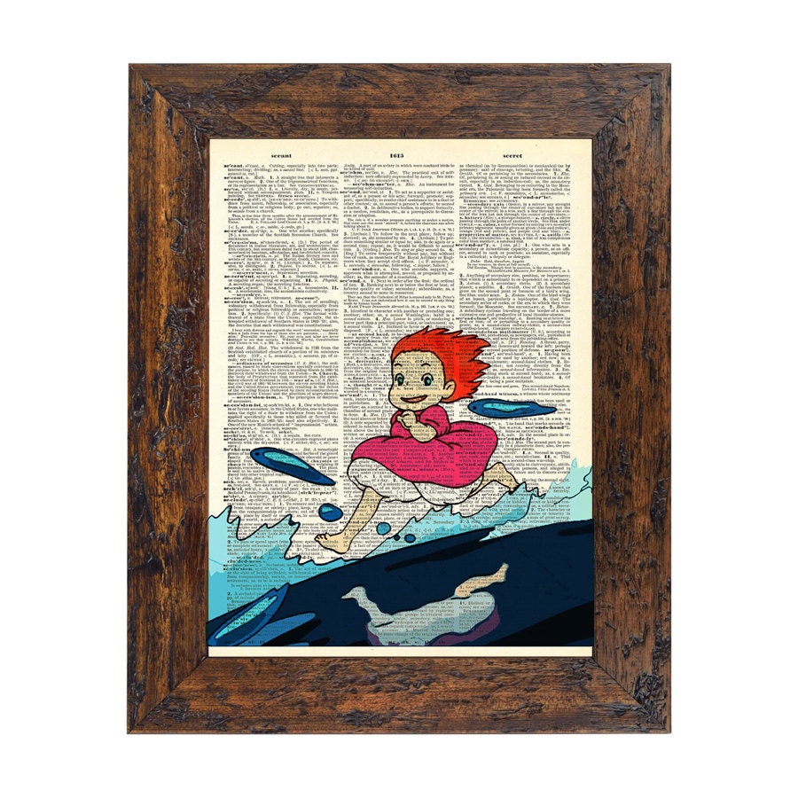 Ponyo on the Waves Studio Ghibli Inspired Art Print on an Unframed Upcycled Bookpage