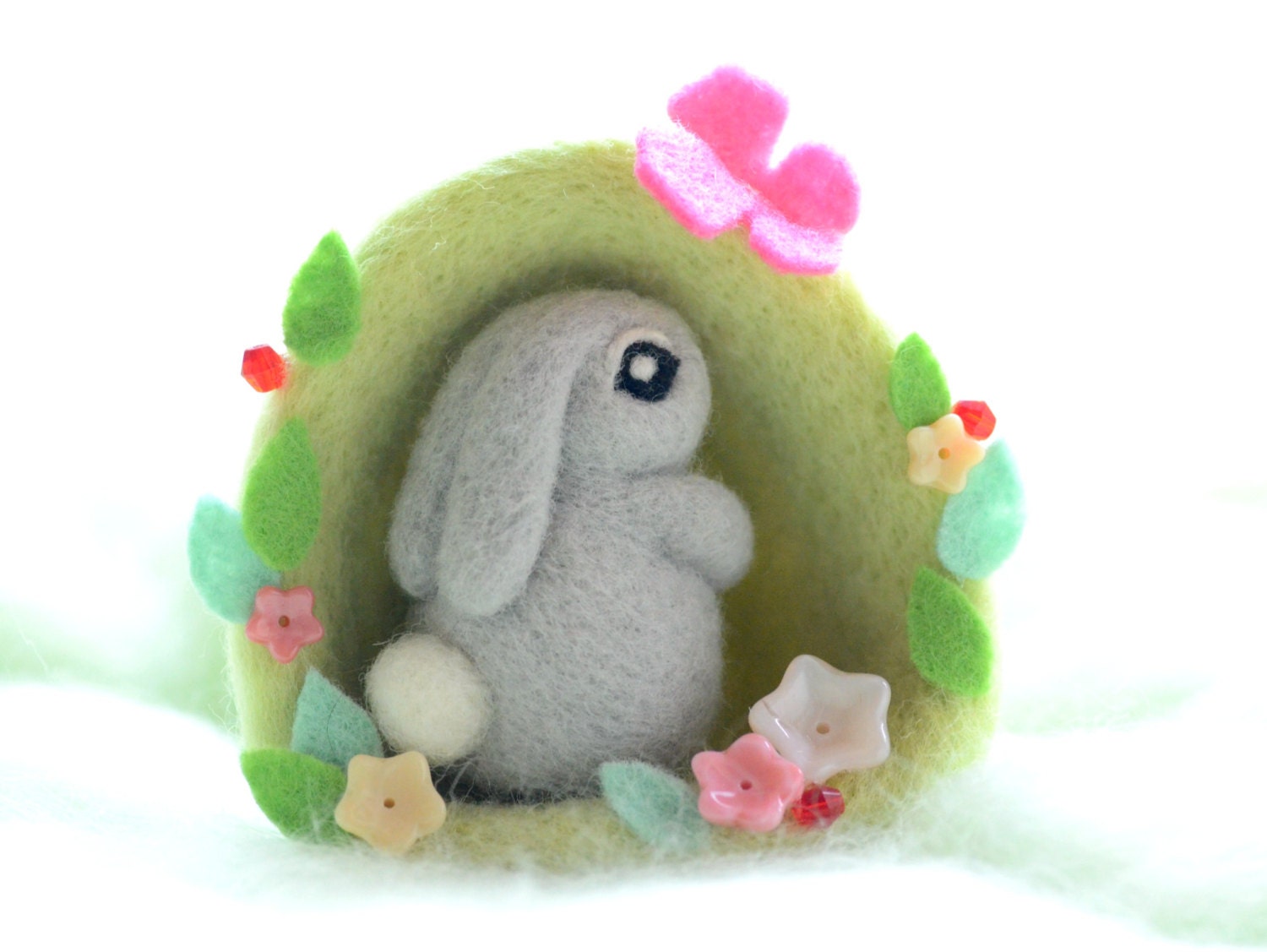 Needle felted bunny / rabbit in flower bush, grey rabbit soft sculpture / home decor, Bunny in Flower Wonderland Collection