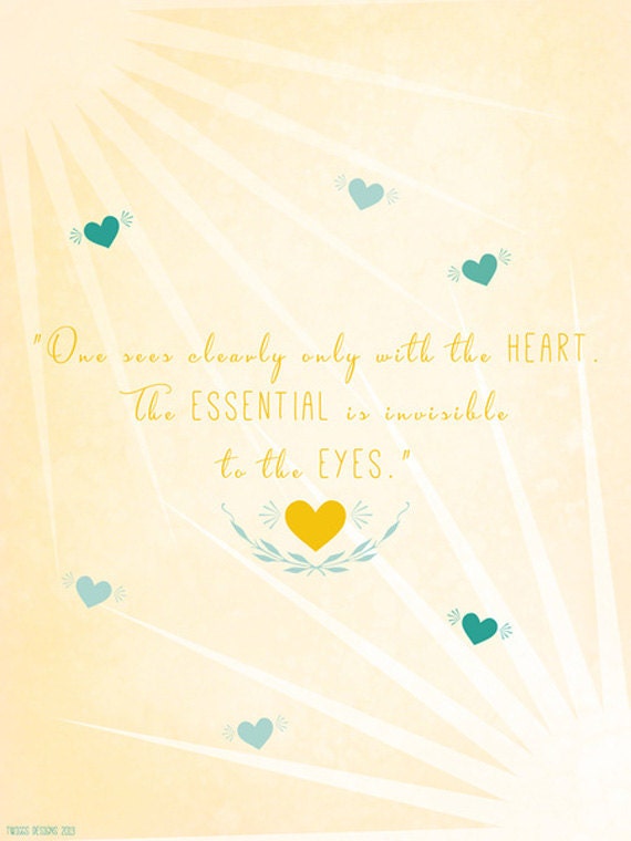 The Little Prince Quote, Inspirational Quote, Love Print, Hearts, Nursery Decor, Typography Poster - One sees clearly with the heart