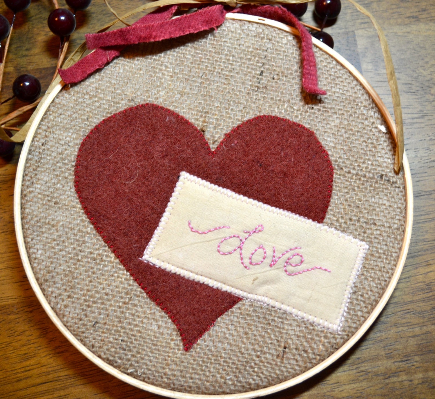 Heart Hoop Embroidery "love", Valentine, burlap and wool, balloons stitchery, love, rustic, prim
