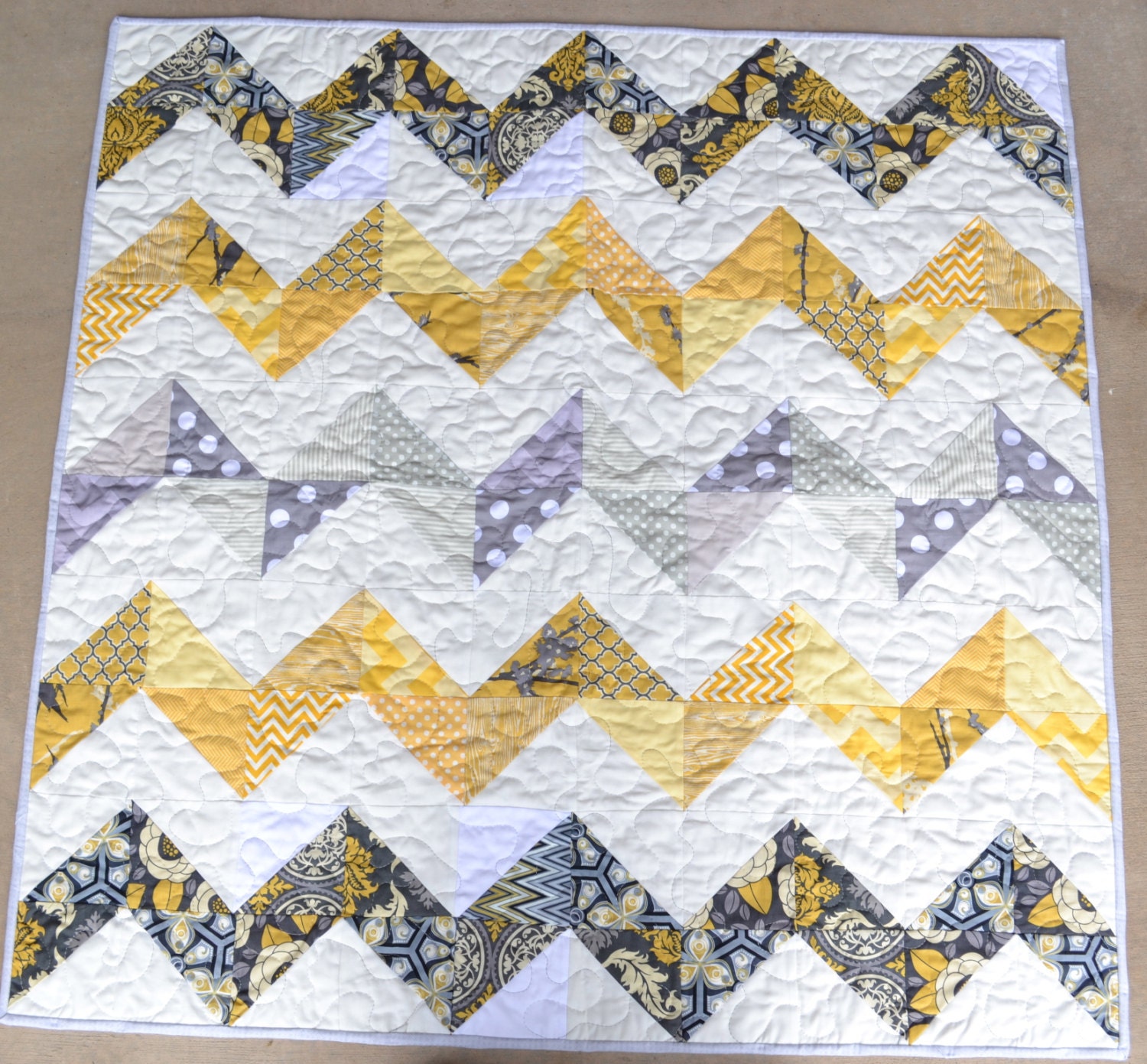 Chevron Baby Quilt Grey Yellow White - Bumble Bee, Baby Shower Gift, Joel Dewberry Fabric