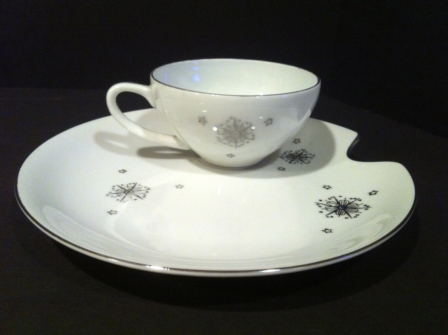 Atomic Stardust Pattern Snack Plates and Cups by Summit Fine China c 1960s