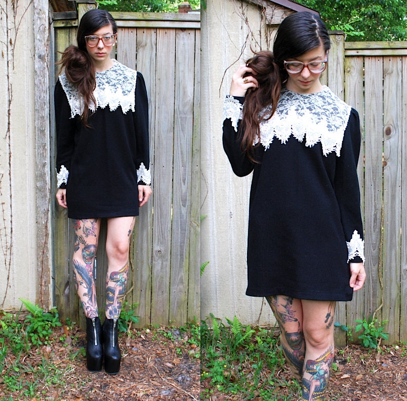 Vintage // 1950's Black and Lace Mini Dress // Wednesday Addams // Size S // Glam Grunge Hollywood chunky knit