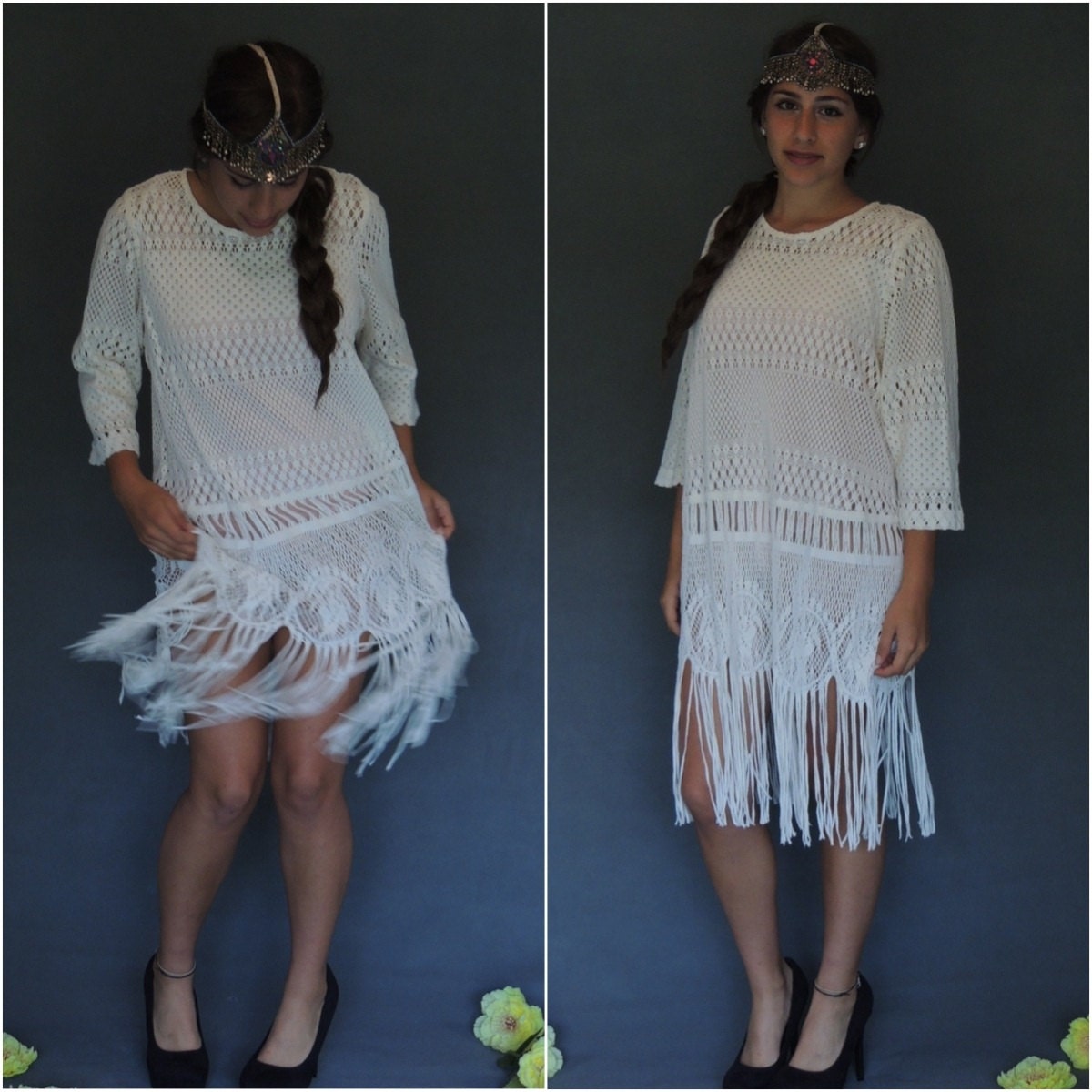 Vtg SHEER mini Lace net FLAPPER Dress white fringe Deco beach Bride Hippie boho Stevie Nicks Gypsy s m l