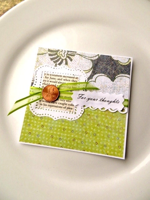 Blank Greeting Card, PENNY FOR Your THOUGHTS, Chartreuse Lime Green Grey, Jane Austen Pride & Prejudice Book Page