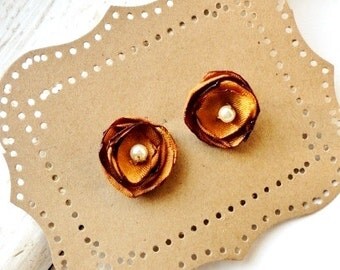 Burnt Orange Stud Earrings, Satin Fabric Studs, Copper, Surgical Steel Posts, Ivory Pearl Bead, Amber Bridesmaids Gift for her, Rustic