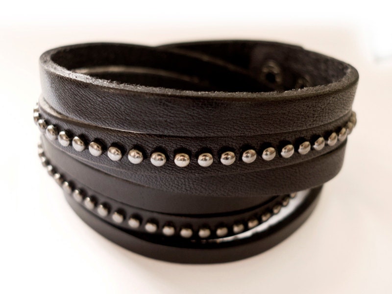 2 Circles Black Leather Wrap With Antique Rivets Adjustable Leather Bracelet
