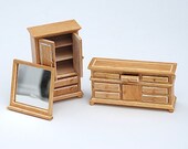 1950 Miniature Doll House Furniture , Mini Mid Century Rustic Wooden Shabby Chic Doll House Decor, Mirror Dresser Armoire Miniatures