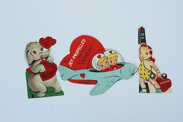 Lot of 1950's Grade School Valentines Day Cards, Mid Century Home Decor, Gift For MOM, Elephant, Astronaut
