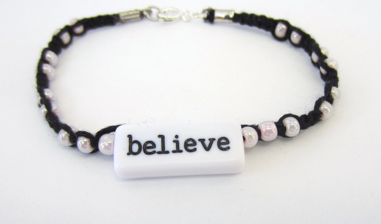 Fiber Friendship Bracelet,  Black and Pink beaded, Believe Always Jewelry, Inspiring motivation jewelry