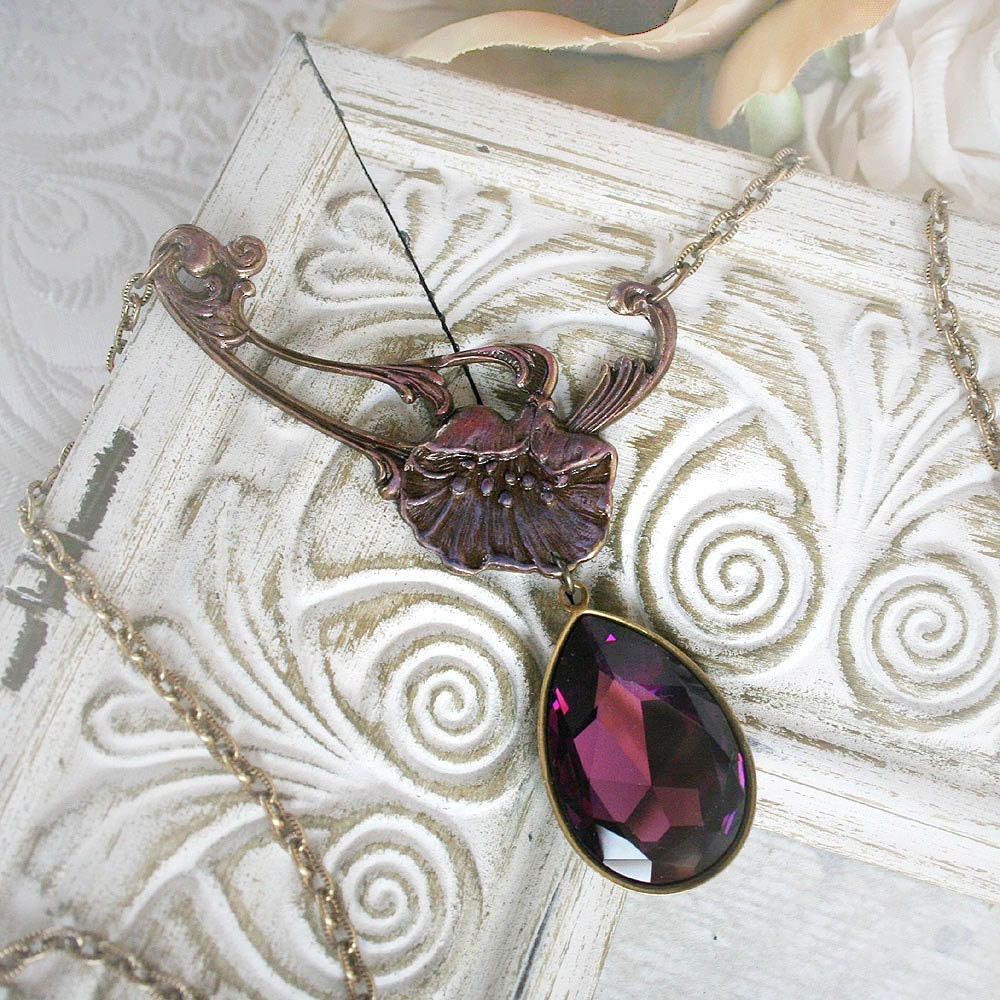 PURPLE POPPY romantic vintage fantasy inspired asymmetrical poppy flower necklace with Swarovski crystal, free gift boxing