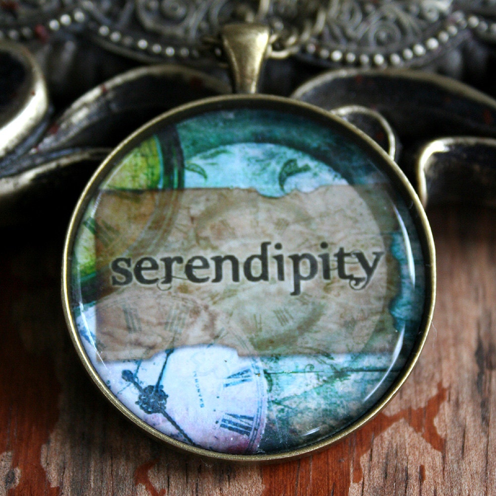 SERENDIPITY steampunk inspirational word, vintage paper glass pendant on 18" chain, gift boxed