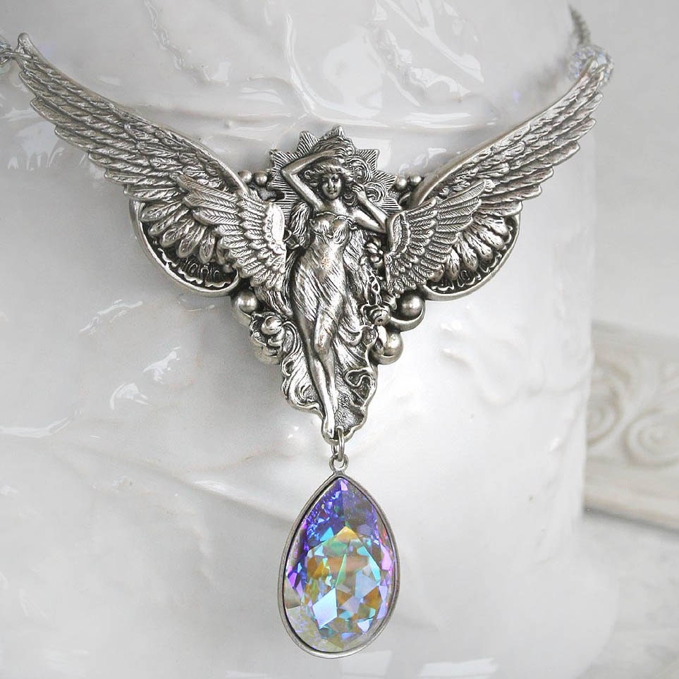 THE GUARDIAN romantic vintage fantasy inspired angel necklace with large Swarovski crystal, free gift boxing