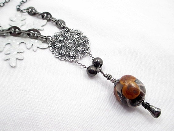 Gun Metal Lariat Necklace Unique Handmade Black Beaded Jewelry Upcycled Jewelry Victorian Boho Romantic Statement Necklace