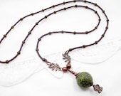 Copper Lariat Green Bead Necklace Handmade Beaded Jewelry Victorian Steampunk Upcycled Pendant Leaf Nature Seed Bead