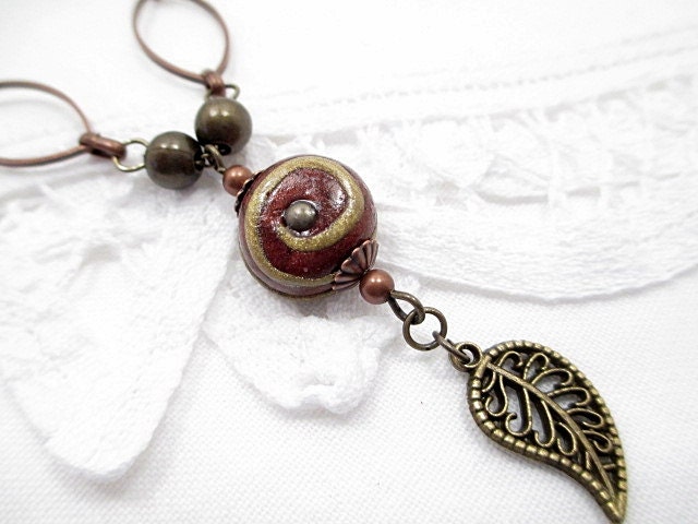Victorian Lariat Necklace Copper Red Beaded Jewelry Handmade Upcycled Boho Romantic Rustic Bead Leaf Charm Antique Bronze