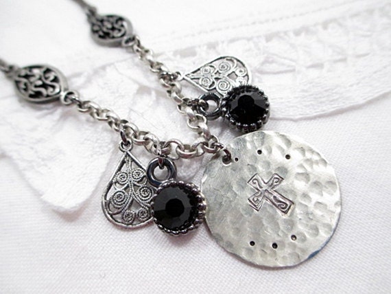 Easter FAITH Inspirational Bead Lariat Necklace Handmade Beaded Jewelry Christian Silver Cross Stamped Faith Love Hope Upcycled Victorian
