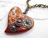Steampunk Heart Pendant Necklace Beaded Jewelry Polymer Clay Handmade Metallic Copper Upcycled Vintage Button Flower Women Stamped Clay