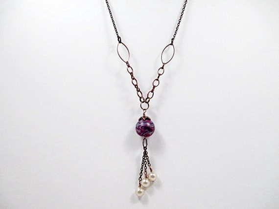 Pearl Lariat Necklace Handmade Beaded Jewelry Metallic Silver Pink Purple Women Boho Recycled Victorian Vintage Pearl