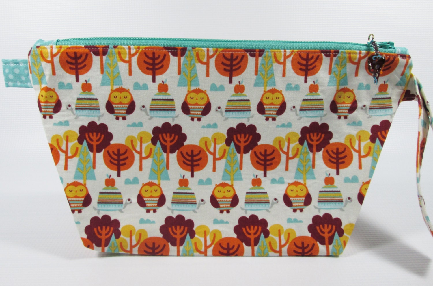 Small Wide Mouth Wedge - Festive Forest Owl Print with glass owl bead zipper pull