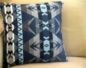 Navajo throw pillow, Pendleton wool, contemporary primitive pattern, subtle colors of grey,blue, black, cream 18 x 18