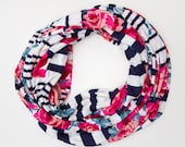 Nautical Floral Striped Infinity Scarf - Red, Pink, Navy, White