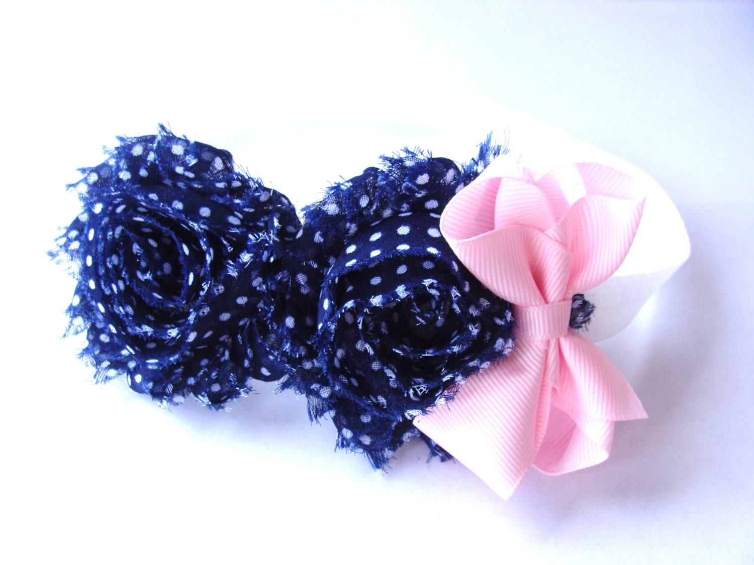 Shabby Flower Headband- Navy Blue and White Polka Dot Shabby Flower with Baby Pink Bow- Newborn, Infant, Toddler, Child, Teenager or Adult