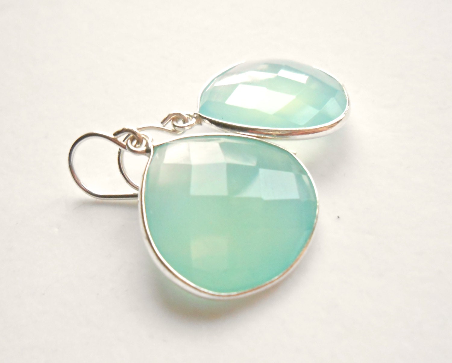 Aqua Chalcedony Earrings Gemstones Bezel Set in Sterling Silver - Large, Faceted Briolettes - Unique Beautiful Framed Stone Jewelry