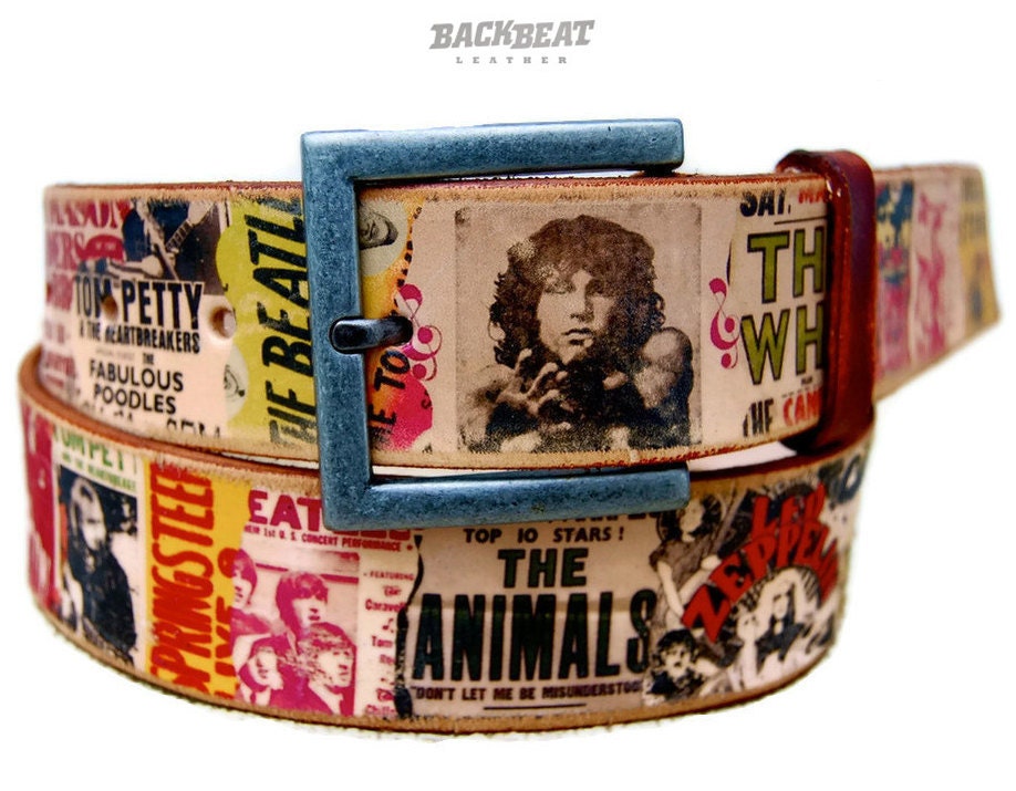 Brown leather belt - ROCK concert POSTERS collage / Unisex men and women belt