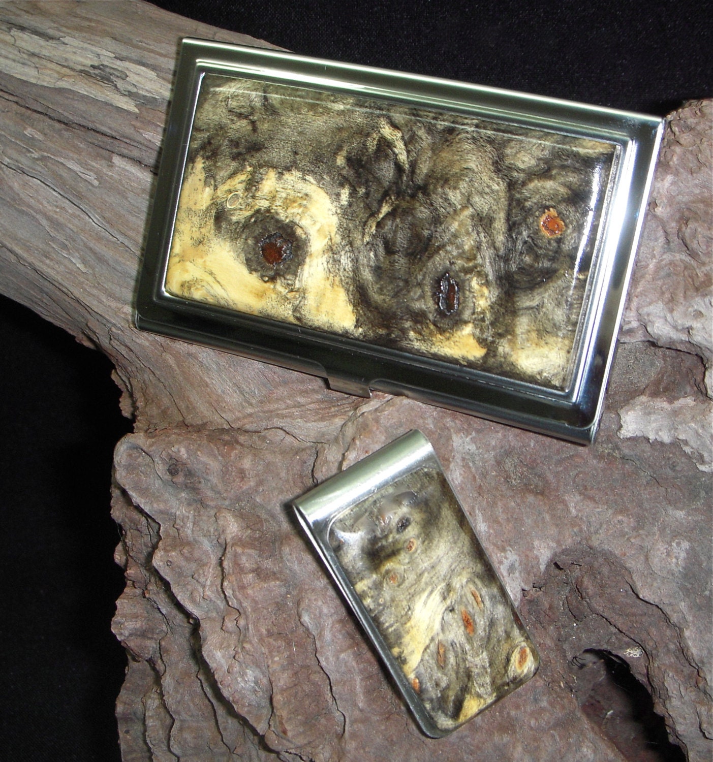 HANDMADE  Buckeye Burl Exotic Wood AAA Grade - Stainless Steel Business Card Case Holder  / Money Clip -  FREE Engraving