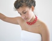 Red cochet bracelet-necklace whit ceramic button / Bright fiber bracelet / Necklace cotton crochet / Summer jewelry bright colors