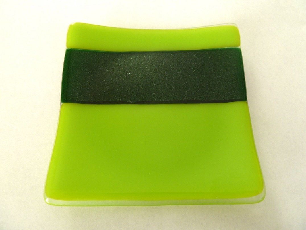 handmade fused glass bowl, green glitter