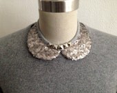 Silver Gunmetal Sequin Peter Pan Collar Necklace, with Round and Pyramid Stud Embellishment with Gros Grain Bow Closure