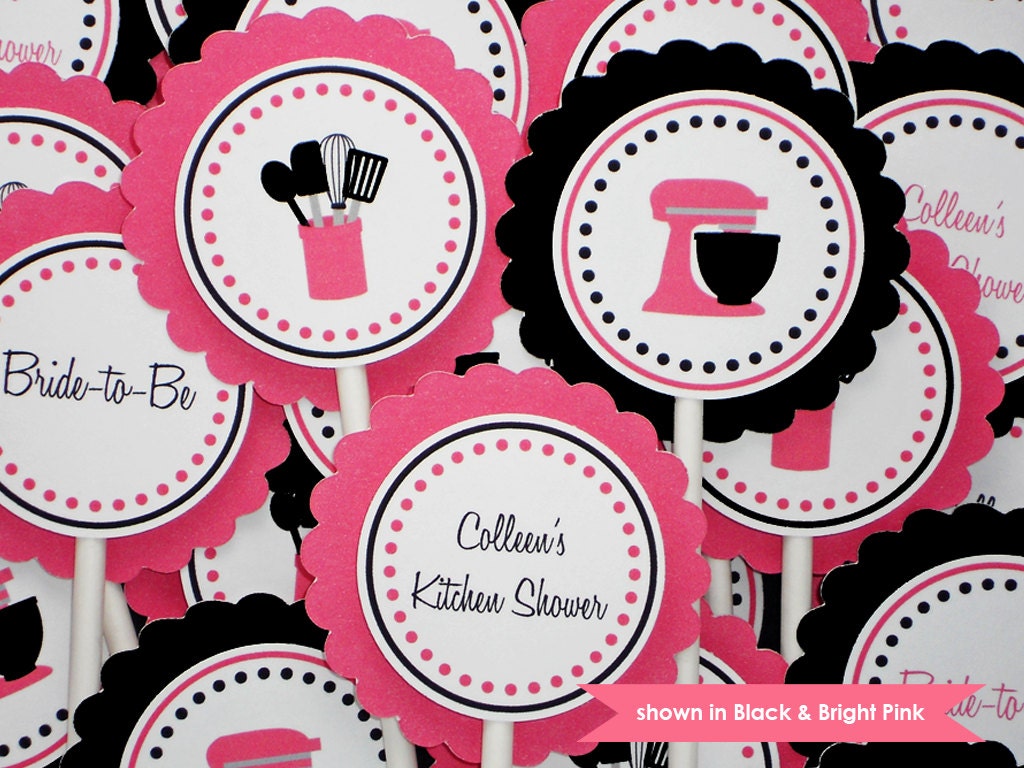 Kitchen Shower Cupcake Toppers - Personalized Mixer and Utensil Themed Party Decorations - Colors and Text Customizable Il_570xn