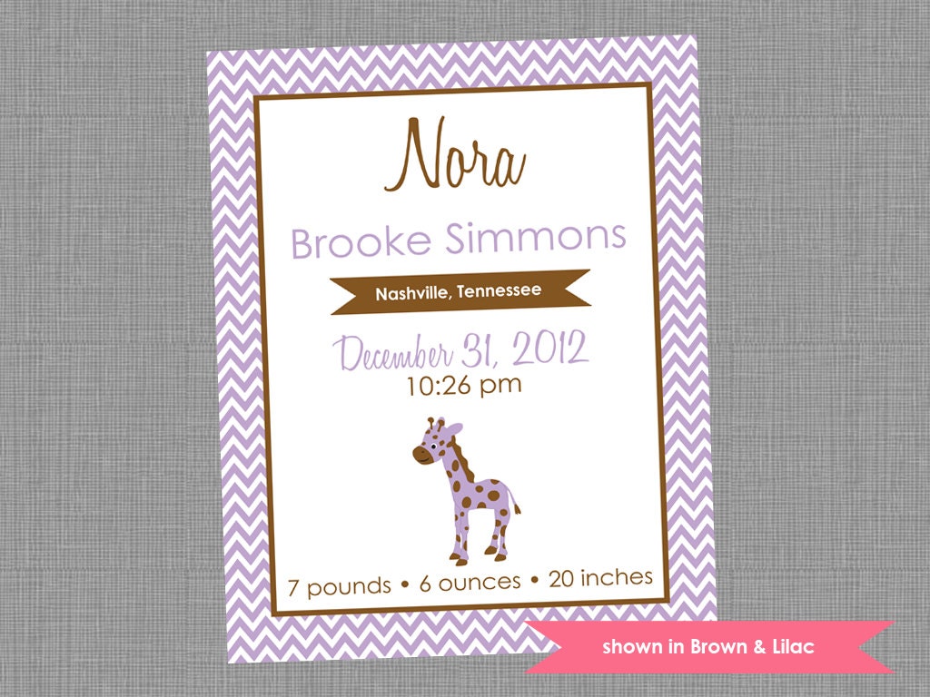 Giraffe Nursery Art Birth Announcement - Personalized Birth Stats Print - Colors Customizable Il_570xn