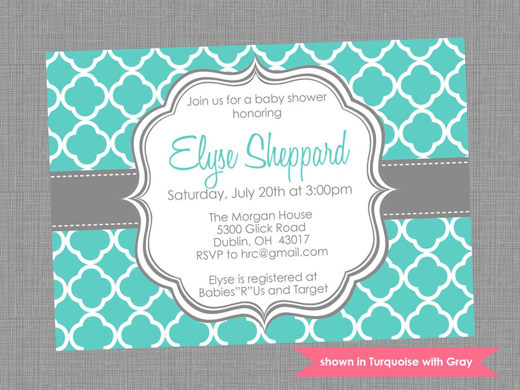 Printable Baby Shower Invitation - Shower Themed Quatrefoil Invite - Colors and Text Customizable Il_570xn